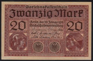 1918 20 Mark Wwi Germany World War 1 Rare Paper Money Banknote Currency P 57 Unc