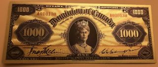 $1000 Dominion Of Canada 1925 Rare Silver Plated Polymer Banknote