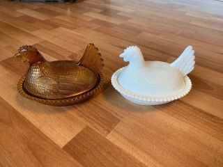 Rare Vintage 7 " Milk White Indiana Glass Hen And Amber Hen Covered Candy Dish