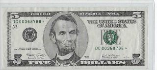 5 Dollar Bill 2003 Star Note Low Serial Number Rare,  Circulated,  Dc00368788