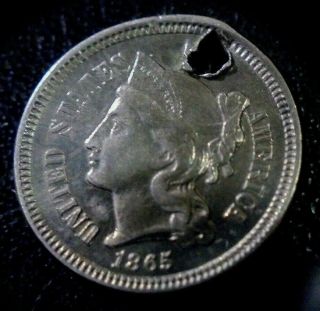 Rare Au - Bu 1865 3 Cent Nickel 3c Piece " Trime " Old Type Coin