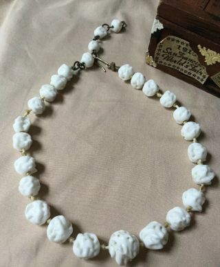 Vintage Antique Art Deco Czech Milk Glass Bead Necklace Molded Rare