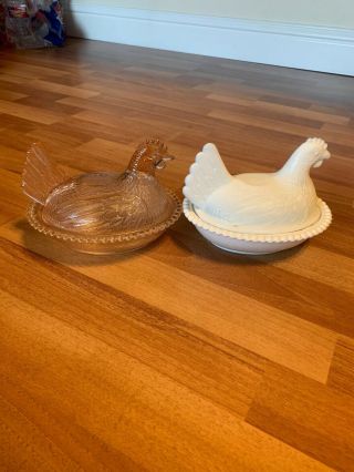 Rare Vintage 7 " Light Pink Indiana Glass Hen And Milk White Hen