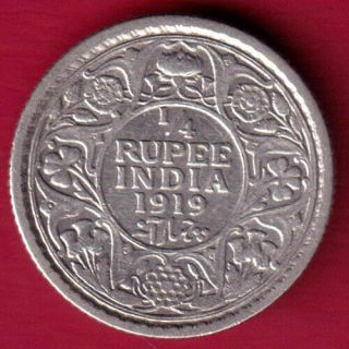 British India - 1919 - Kg V - 1/4 Rupee - Rare Silver Coin D3
