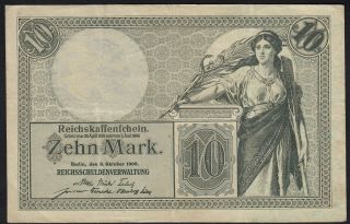 1906 10 Mark Germany Rare Old Vintage Paper Money Banknote Currency P 9b Xf