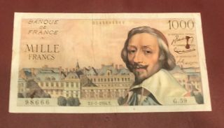 France French 1000 Francs Cardinal Richelieu 1954 Collectible Rare Date