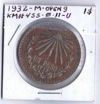Mexico 1932 Open " 9 " Un Peso Silver Coin Very Rare