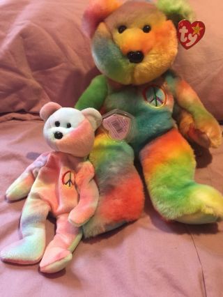 Ty Beanie Baby And Buddy - Rare Ty Dye Peace Bears With Ear Tags