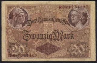 1914 20 Mark Wwi German Rare Old Vintage Paper Money Banknote Currency P 48b F