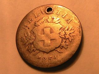 1851 Bb Swiss 20 Rappen Rare Vg W Small Hole Switzerland Twenty Rappen Coin