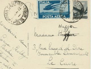 Italy - Egypt Rare Airmail P.  C.  Tied 35l.  Sent From Roma To Cairo 1947