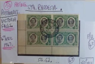 Rare Rhodesia Postmark On Stamp Victoria Falls Blk 4 1947