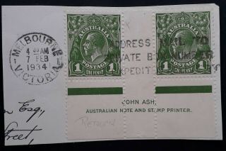 Rare 1934 Australia Ash Imp Pair 1d Green Cofa Wmk Kgv Stamps On Piece