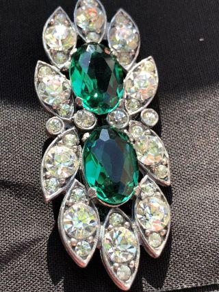 Rare Potmetal Art Deco Clear Emerald Green Glass Rhinestone Brooch Pin “wow”