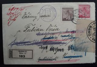 Rare 1945 Czechoslovakia Registd Censor Cover Ties 2 Stamps Canc Brno