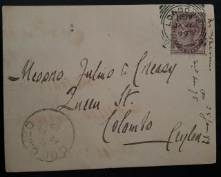 Rare 1899 Great Britain Postcard Ties 1d Qv Stamp Canc London To Ceylon
