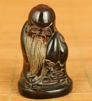 Asian Rare Old Ox Horn Handcarved God Of Longevity Statue Noble Decoration Gift