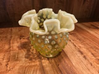 Rare Vintage Fenton Green Opalescent Hobnail Vase Ruffled Top