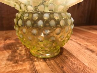 Rare Vintage Fenton Green Opalescent Hobnail Vase Ruffled Top 2