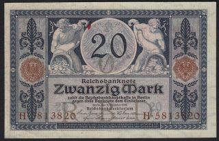 1915 20 Mark Wwi German Rare Old Vintage Paper Money Banknote Currency P 63 Xf
