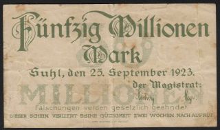 1923 50 Million Mark Suhl Germany Rare Old Emergency Money Banknote Currency F