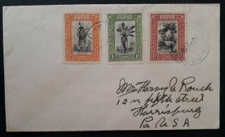 Rare 1939 Papua Cover Ties 3 Local Motifs Stamps Canc Port Moresby To Usa