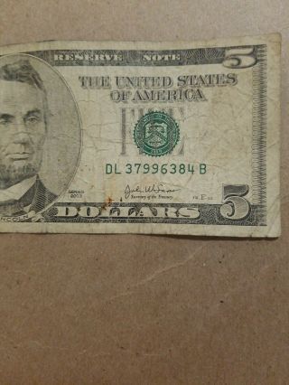 2003 $5 Five Dollar Bill Federal Reserve Note Serial Dl37996384 Rare