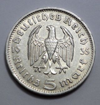 RARE GERMAN 5 MARK Reichsmark 1935 F Silver COIN EAGLE Hindenburg Nazi 3RD WW2 2