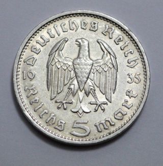 RARE GERMAN 5 MARK Reichsmark 1935 F Silver COIN EAGLE Hindenburg Nazi 3RD WW2 4