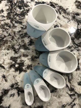 Rare Corningware White And Blue Plastic Measuring Cups And Spoons