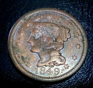 Rare Bu - Au Unc 1849 Large Cent Braided Hair Penny Type Coin Cartwheel Luster