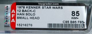 1978 KENNER STAR WARS 12 BACK C HAN SOLO SMALL HEAD AFA 85 85/85/85 CLEAR BUBBLE 12