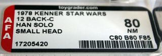Vintage Kenner Star Wars Carded 12 Back - C Han Solo (Small Head) AFA 80 NR 4
