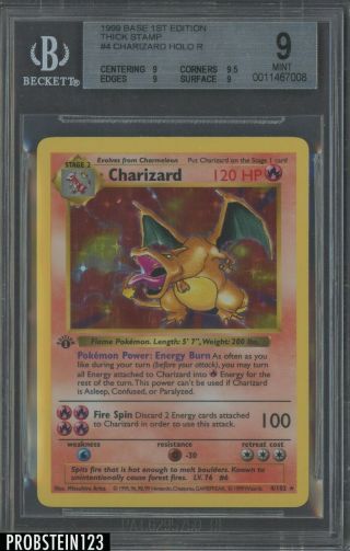 1999 Pokemon Base 1st Edition Shadowless Thick Stamp 4 Holo Charizard Bgs 9