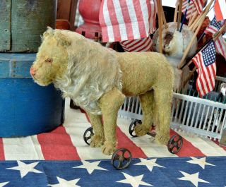 Antique Steiff Mohair Lion on Wheels Pull Toy C 1909 w/ Button 3