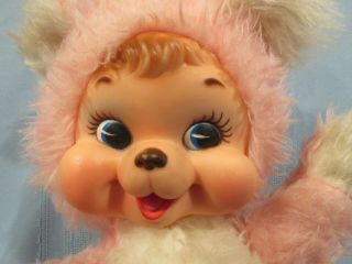 vintage Rushton rubberface stuffed bear pink and white 14 