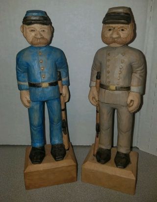 Jim Maxwell Civil War Soldiers Union & Confederate Wood Carvings 9 " Tall