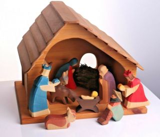 Vintage Ostheimer Wooden 10 Figures Holy Family Nativity Scene W/ House