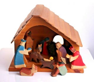 Vintage Ostheimer Wooden 10 Figures Holy Family Nativity Scene w/ House 3