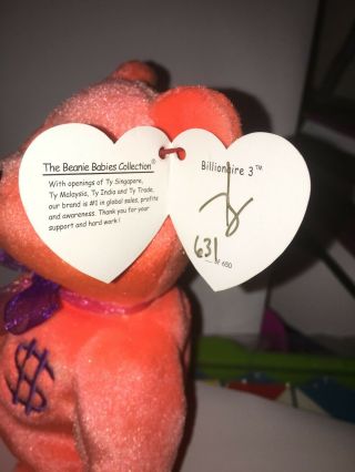 Ty Billionaire 3 Beanie Baby Bear Autographed 631 of Only 650 MWMT MQ 2