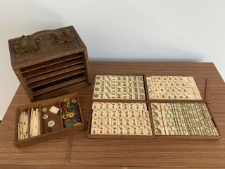 Antique Mahjong Set,  Carved Dragon Wood Case,  Bone Dovetailed