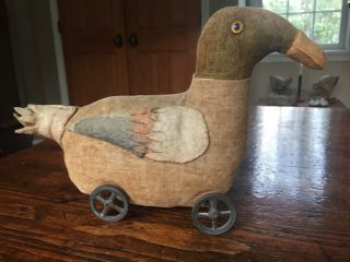 Late 19th Century Straw Stuffed Duck Squeak Toy On Wheels Steiff?