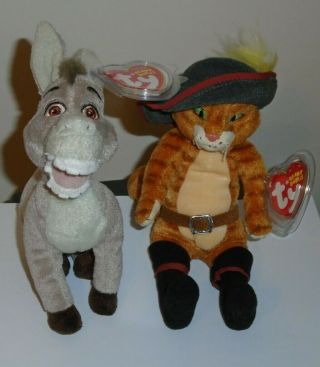 Ty Beanie Baby Set Puss In Boots & Donkey From Shrek (dvd Exclusives) Mwmt 
