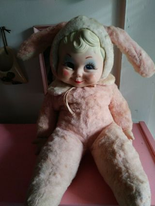 Vintage Rushton Rubber Face Faced Yellow & Pink Plush Rabbit Easter Bunny Girl