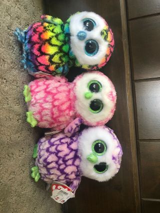 Ty Beanie Boo Owls Bubbly,  Pipper & Aria 6 " Claire 