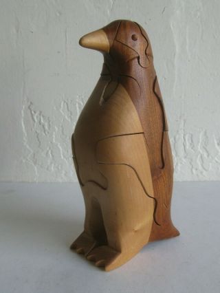 Vtg 2006 Peter Champman 3d Carved Wooden Wood Penguin Figural Puzzle Pbc Signed