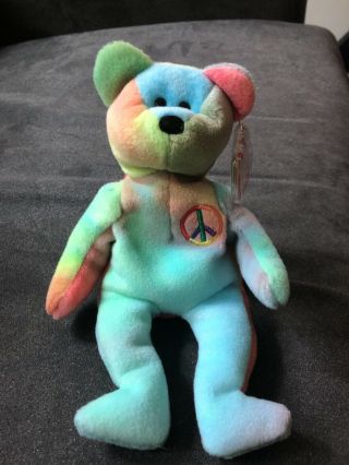 Ty Beanie Baby Peace Bear Style 4053 1996 Pvc Pellets Blue Green Nwt Old Face