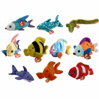 Ty Beanie Babies - Set Of 10 Fish & Sealife (coral,  Aruba,  Bubbles,  Morrie, )