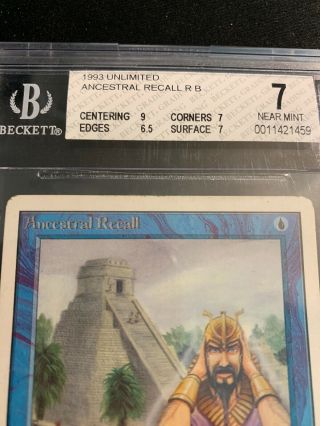 MTG Ancestral Recall Unlimited BGS Graded 7 Near - Magic the Gathering 9