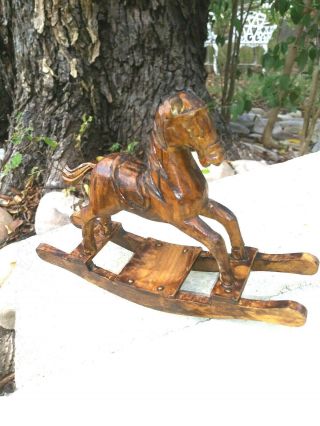 Vintage Wooden Rocking Horse Oak Statue Small Stained Home Decor Or Gift